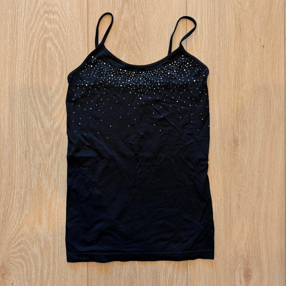 Black Spaghetti Strap Basic Top with Rhinestones